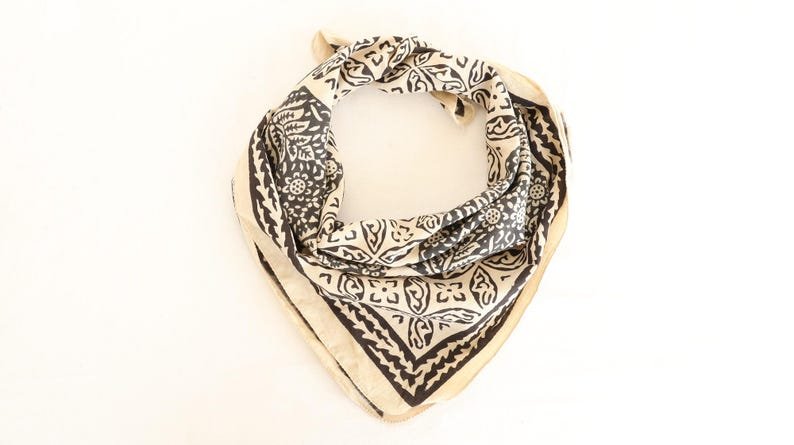 Hand Block Printed Organic Cotton Bandana: Brown & Green Floral Scarf | Boho Hair Scarf | Eco Friendly Kerchief | Handmade Gift image 1