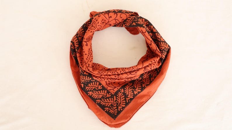 Organic Cotton Handblock Print Bandana: Paisley Scarf | | 100% Cotton Head Scarf | Boho Flower Print Kerchief | Eco Friendly Hair Accessory image 1