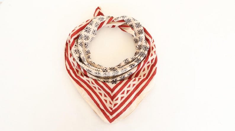 Hand Block Print Cotton Bandana: Boho Festival Scarf | Lightweight Cotton Headwrap | Boho Vintage Style Scarf | Gift for Her image 1