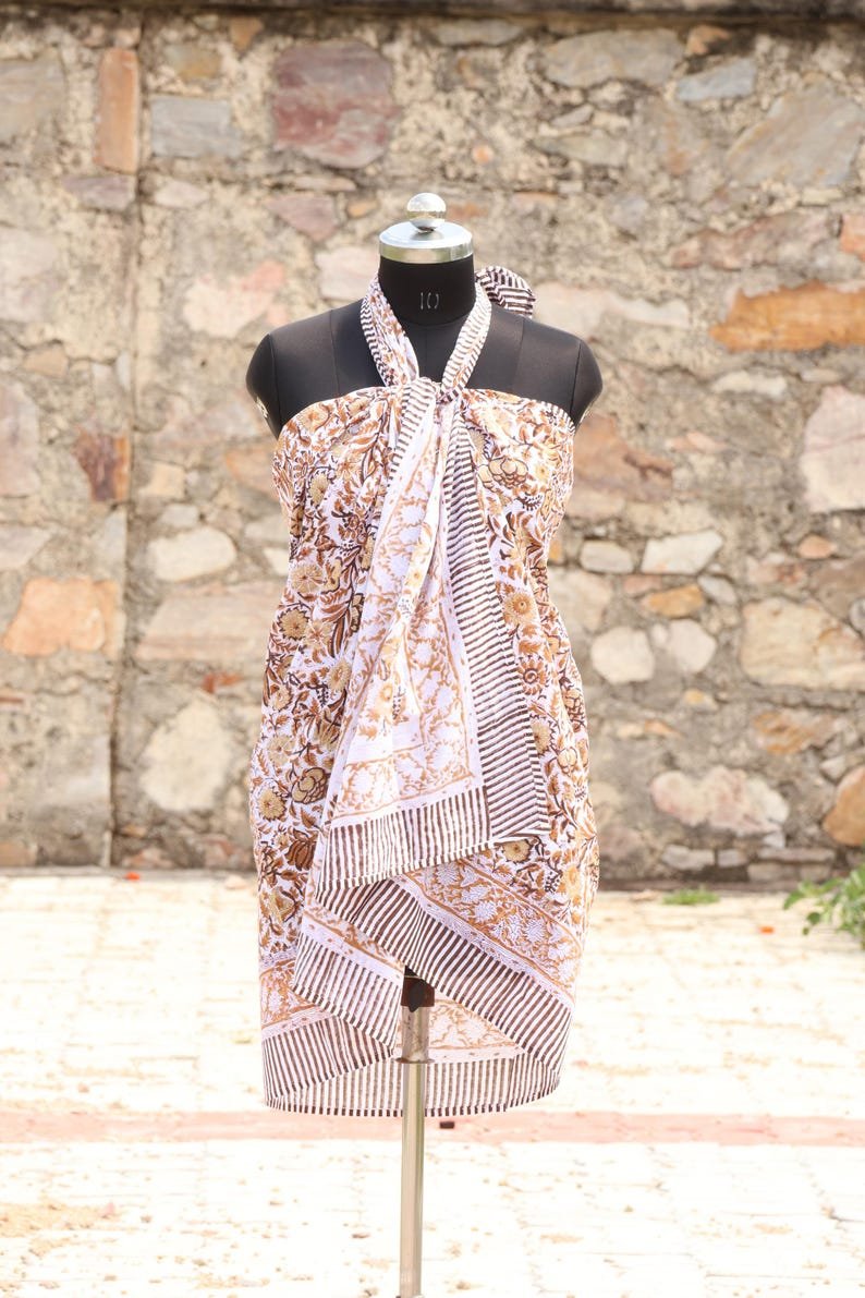 Floral Hand Block Printed Cotton Sarong: Boho Beach Cover-Up, Cotton Beach Cover Up, Summer Wrap, Festival, Eco-Friendly Boho Sarong image 1