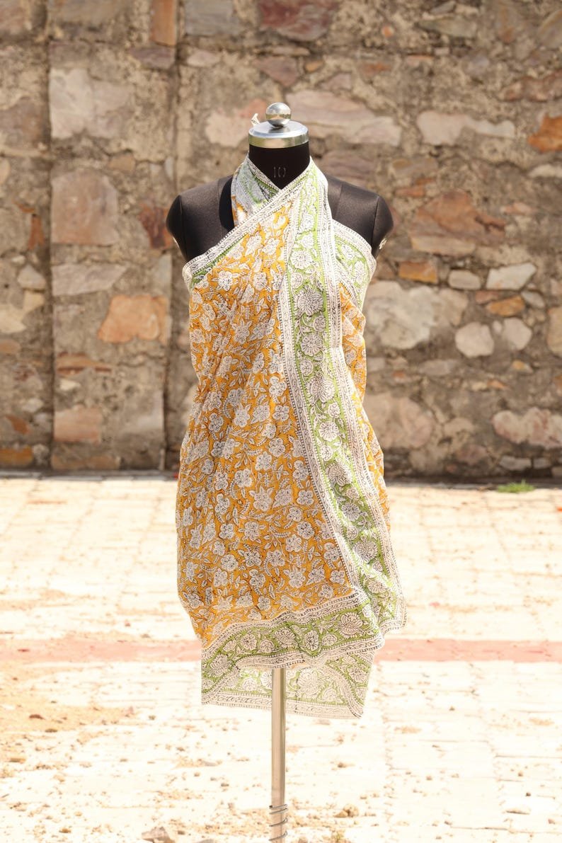 Hand Block Print Cotton Sarong: Yellow & Green Floral Beach Wrap, Cotton Beach Cover Up, Summer Wrap, Festival, Eco-Friendly Sarong image 1
