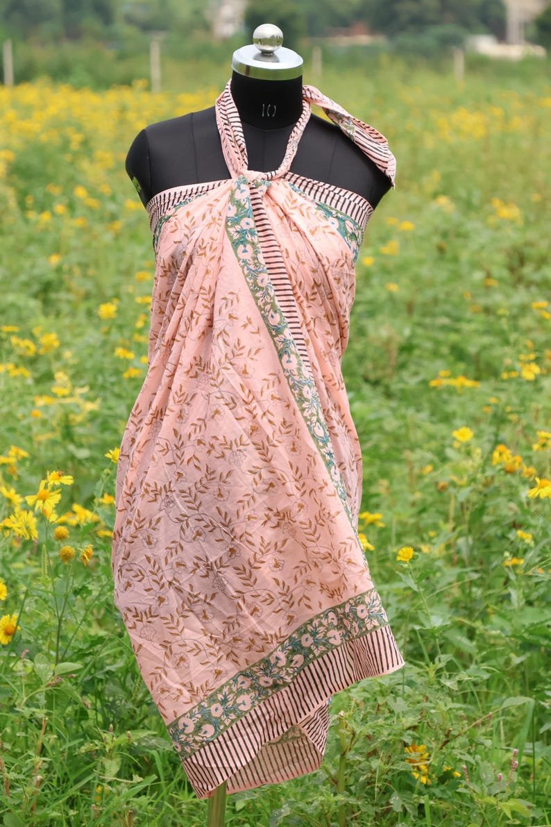 Floral Cotton Sarong: Hand Block Print Boho Beach Wrap, 100% Cotton Beach Wrap, Bohemian Resort Wear, Gift for Her image 1