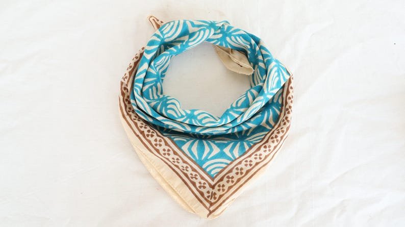 Hand Block Printed Cotton Bandana: Blue Floral Geometric Scarf | Natural Cotton Scarf | Boho Bandana for Hair, Neck, Pet, Gift for Her image 1
