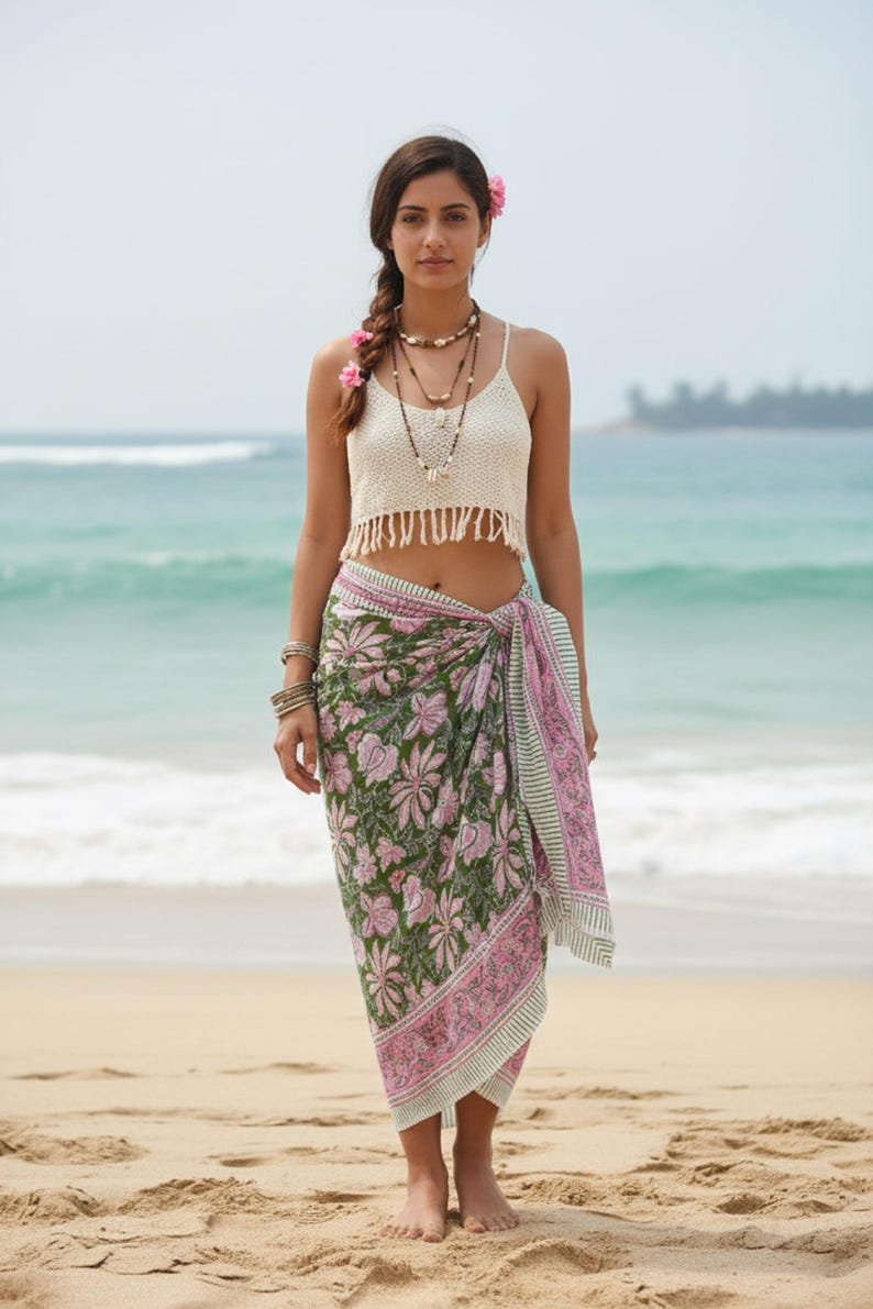 Hand Block Print Cotton Sarong - Boho Beach Cover Up, Eco-Friendly Lightweight Cotton Beach Wrap | Hand Block Printed Boho Resort Wear image 1