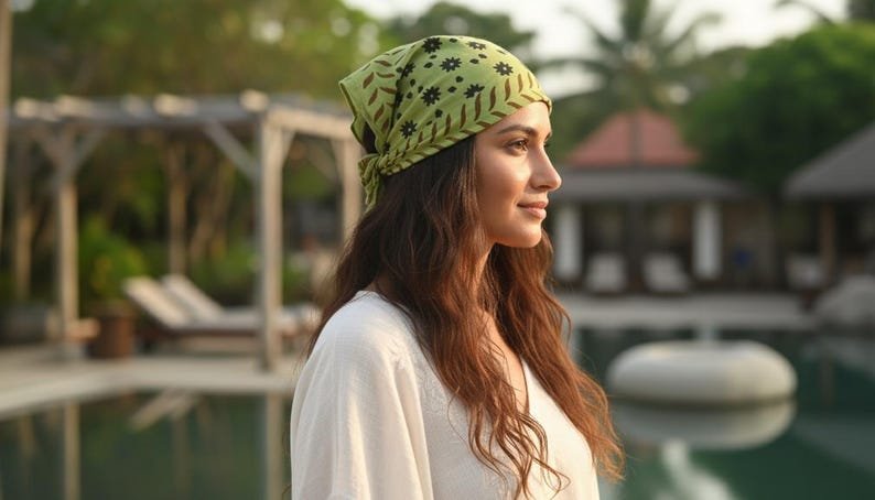 Green Hand Block Print Bandana Scarf – 100% Cotton, Boho Leaf & Floral Print, Hair Accessory, Handmade Boho Neck Kerchief, Gift for Her image 1