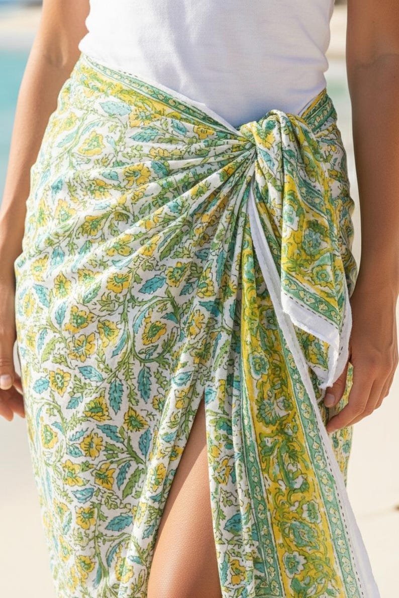 Block Print Sarong for Women | Handmade Cotton Pareo, Beach Wrap • Scarf • Shawl | Resort Wear Beach Cover Up | Travel Beach Wrap Gift image 1