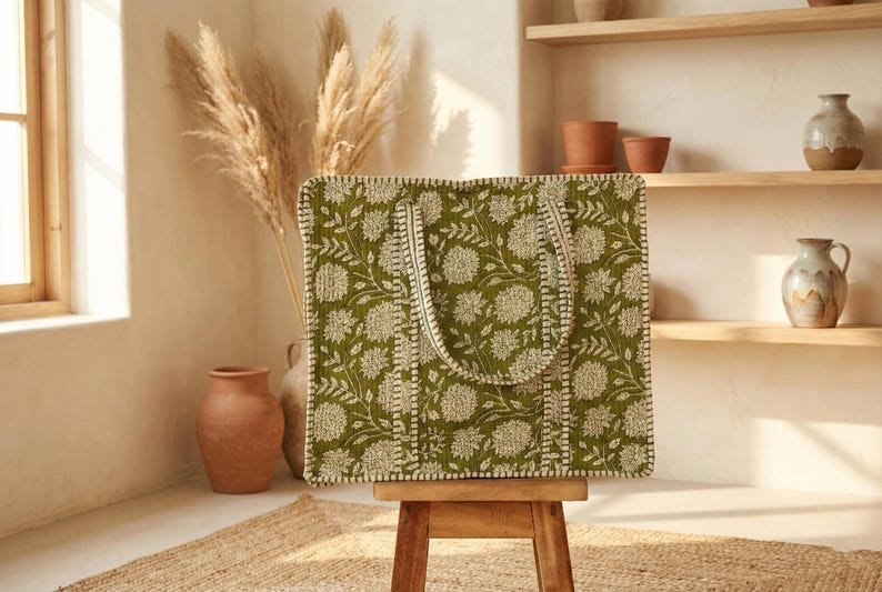 Boho Cotton Tote Bag | Handcrafted Printed Shoulder Bag, Market & Grocery Bag, Gift Bag for Her | Everyday Use Shopping / Travel Bag image 1