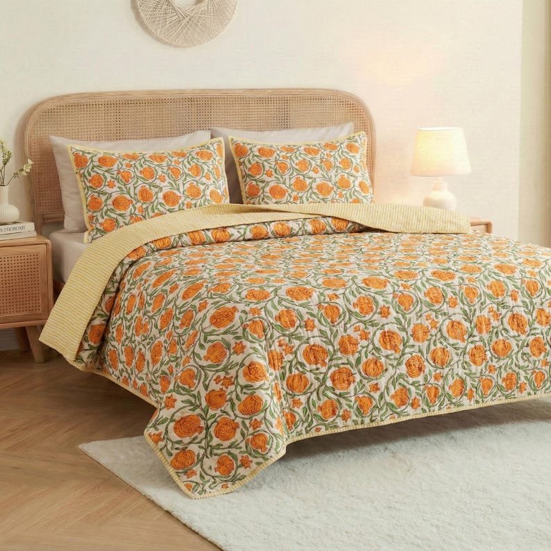 Floral Printed Quilt | 100% Cotton Handmade Quilt | Reversible Bedspread, Everyday Bed Quilt, Perfect Gift for Home,King Size Cotton Bedding
