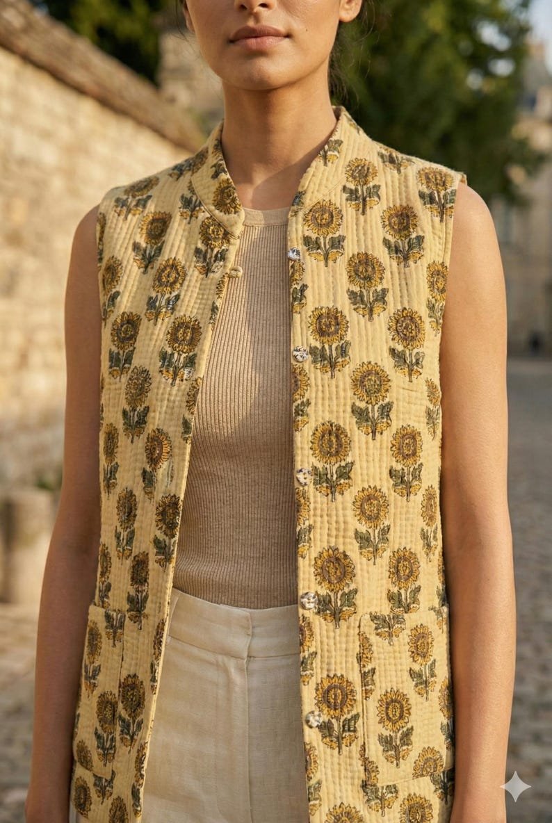 Floral Print Cotton Quilted Jacket Hand Block Printed Holidays Gifts Button Closer Jacket For Women Gifts | Perfect for Travel & Work Wear image 1