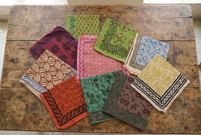 Set Of 10 Colorful Hand Block Printed Cotton Bandana, Sustainable Neck Scarves, Summer Bandana, Hair Accessories, Beach Bandana,Gift For Her image 1