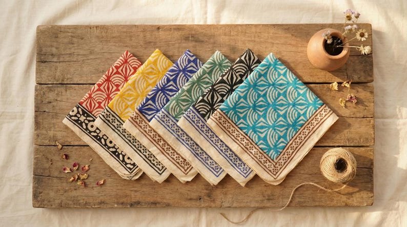 Set of 6 Handmade Bandana - Hand Block Print, Boho Festival Neckerchief, Pet Dog Neck Wrap, Yoga Headband and Bandana Gift Set for Women Men image 1