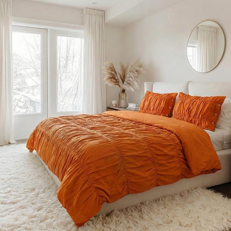 Redwood Wrinkled Cotton Duvet Cover Set, Ruched Textured Bedding, Soft Solid Color Comforter Cover, Modern Decor, Warm Earthy Bedroom Style image 1