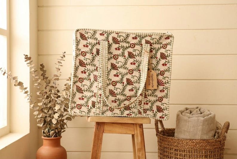 Floral Block Print Cotton Tote Bag | Handmade Quilted Shopper | Reusable Market & Travel Bag,Stylish Everyday Carry,Sustainable Gift for Her image 1
