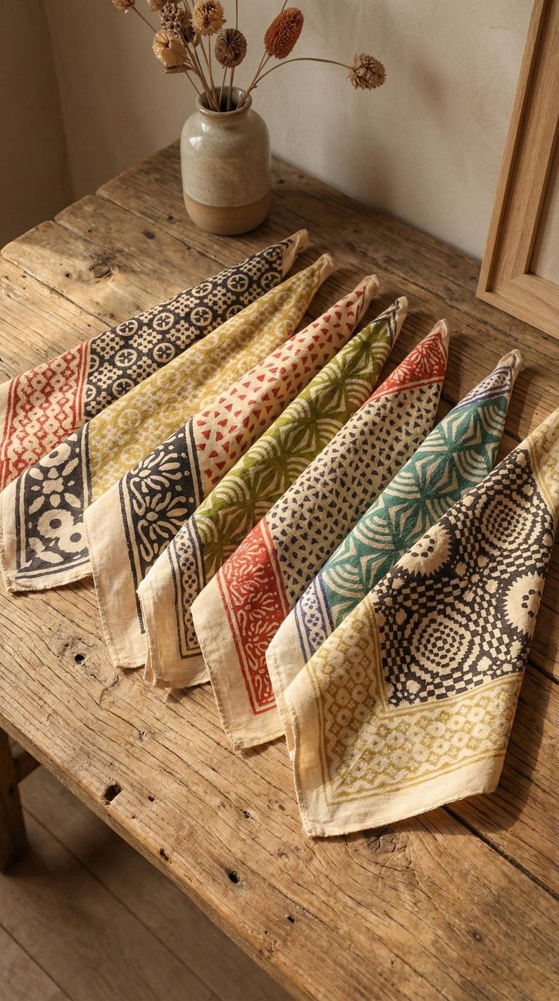Set of 7 Hand Block Printed Bandanas | Natural Cotton | Artisan Block Print Scarves | Sustainable Gift Set | Hair Wrap, Face Cover, Gift Set image 1