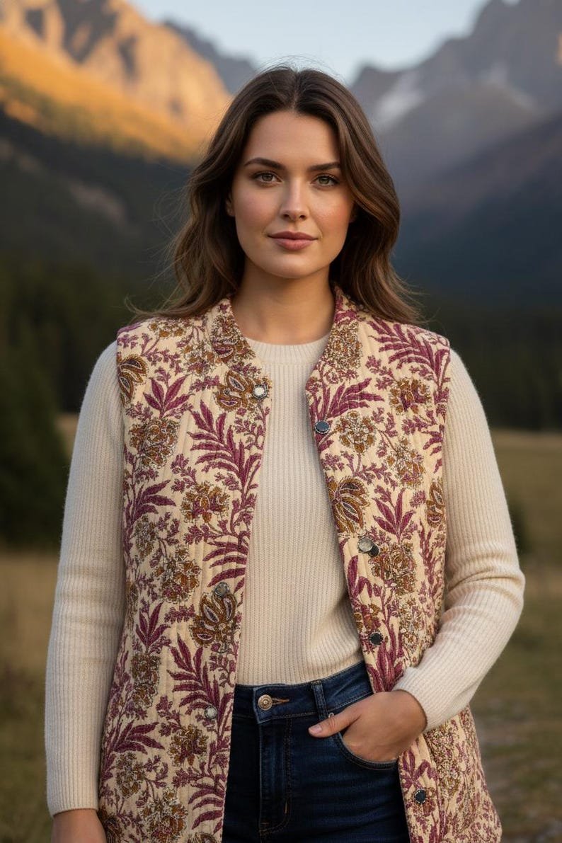 Hand Block Printed Cotton Jacket | Sleeveless Floral Quilted Vest | Ethnic Layering Jacket, Boho bridesmaid gift for her, Jacket for Women