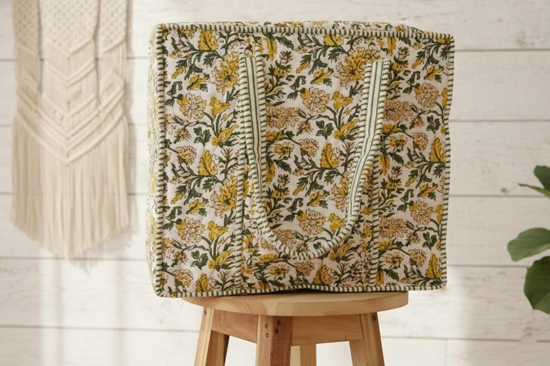 Mustard Bloom Cotton Tote Bag – Green & Yellow Floral Print HanSturdy bag, Grocery, Shopping Bag Daily Use Handbag / Quilted Market Bag