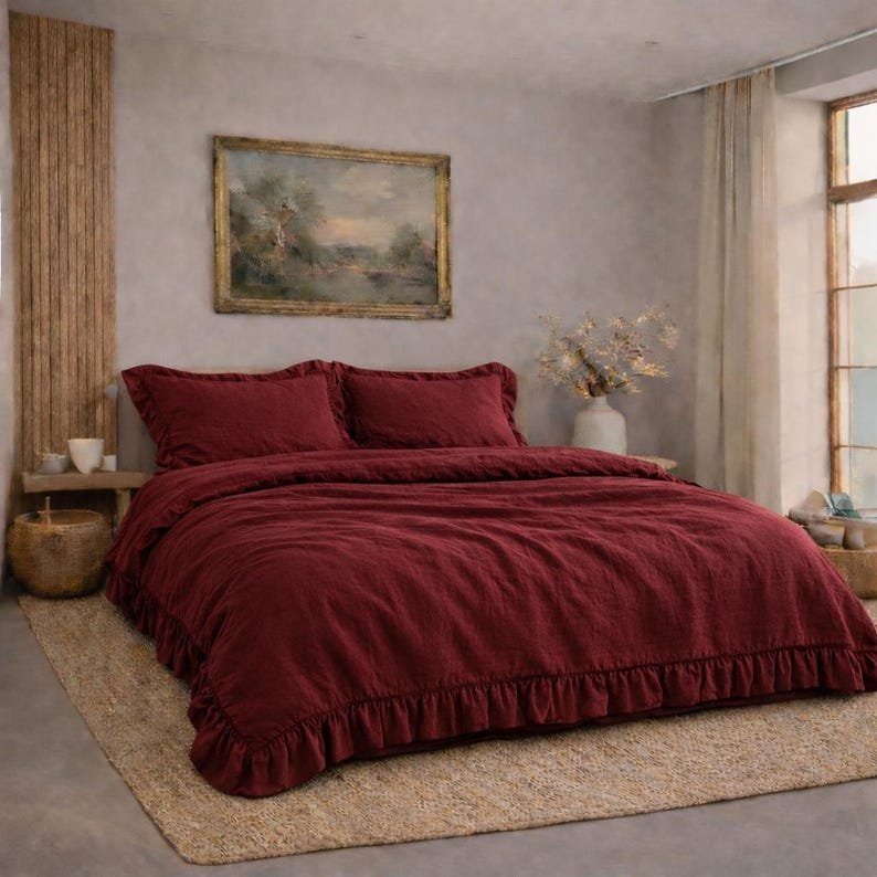 Burgundy Ruffle Linen Duvet Cover Set – Farmhouse Bedding, Comforter Cover Duvet Set pillow Quilt Cover,King Queen Bedding Linen Bed Cover