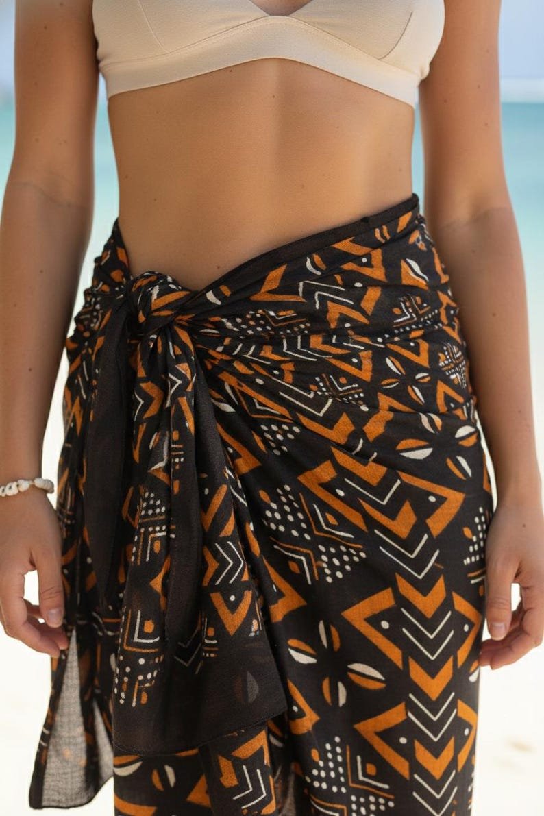 Black Tribal Print Sarong Wrap Skirt – Boho Beach Cover Up, Cotton Sarong for Beach & Resort Wear, Wrap Skirt, Scarf / Beach Cover Up image 1