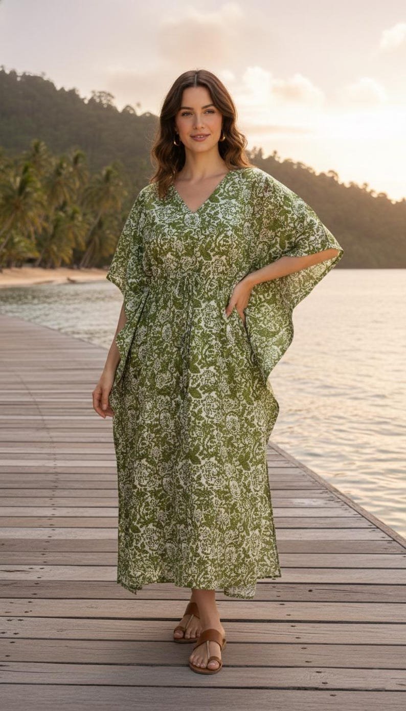Olive Green Floral Cotton Kaftan – Boho Beach Cover Up Dress Beach Cover up Sleepwear Indian Kaftan Maxi Dress Bikini Cover Up Cafta image 1