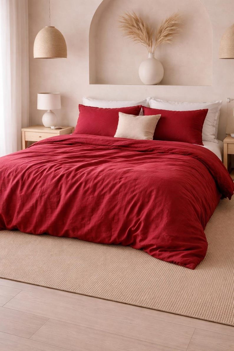 Burgundy Linen Duvet Cover Set – Soft Washed Minimal Bedding, Modern Minimal Style, King Size Queen Bedding Size Cover,Washed Bedding image 1