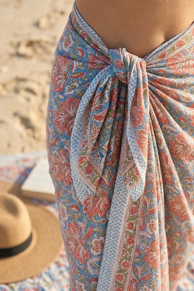 Hand Block Print Cotton Sarong: Boho Beach Cover Up, Lightweight Hand Block Print Beach Wrap | Eco-Friendly Resort style , Summer Fashion image 1