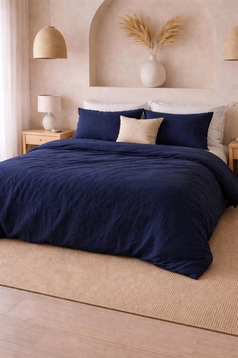 Navy Blue Linen Duvet Cover – Soft Washed Bedding Set , Modern Minimal Style, King Size Queen Bedding Size Cover,Washed Bedding | Duvet set