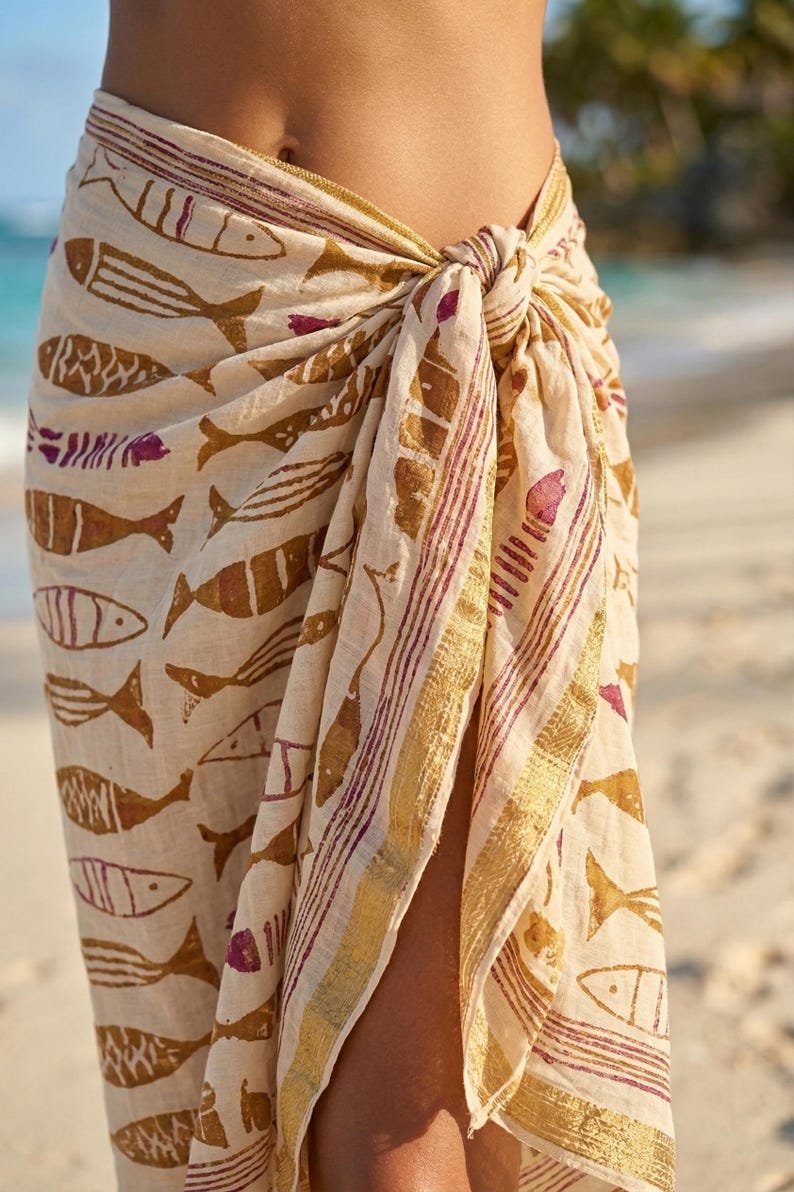 Beach Wrap Sarong with Hand Printed Fish & Zari Border, Sarong with Zari Border, Wrap Skirt, Scarf, Beach Cover Up | Perfect Gift For Her image 1