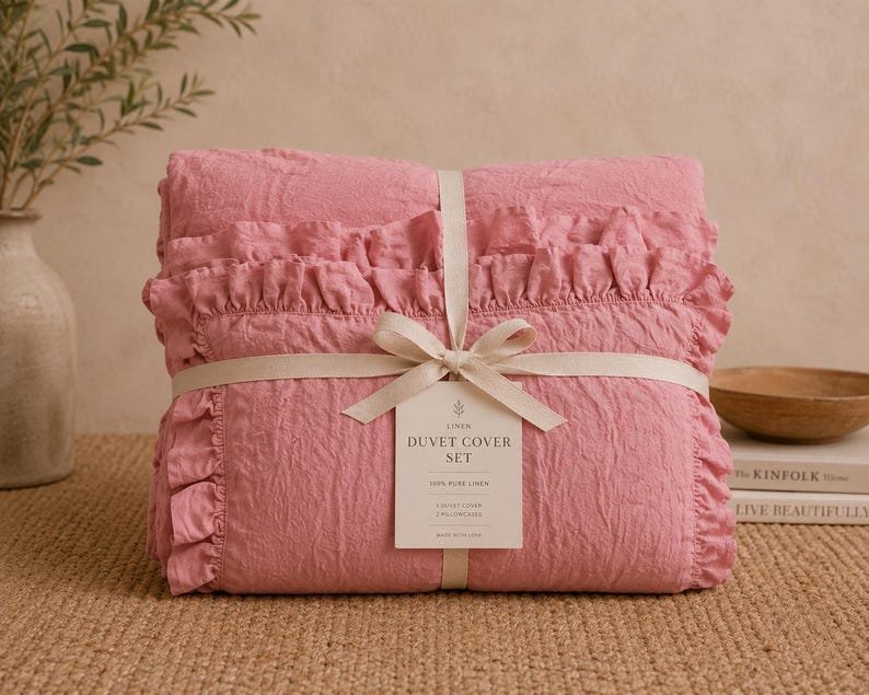 Blush Pink Ruffled Linen Duvet Cover Set – Soft Washed Natural Linen Bedding, Vintage Farmhouse Bedding with King size,Linen Comforter Cover image 1