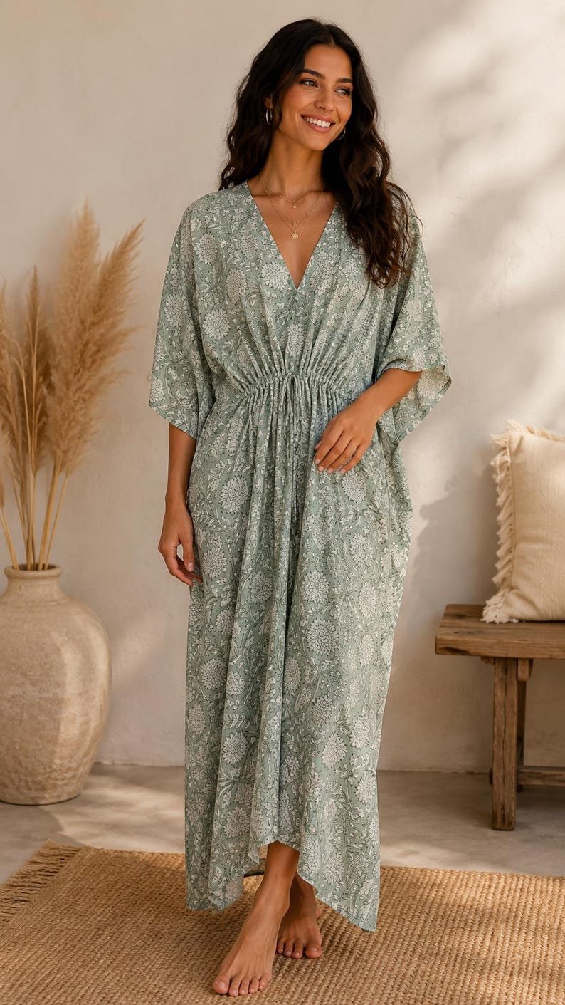 Hand Block Print Cotton Kaftan Dress, Sage Green Floral Kaftan, Women's Beach Cover Up, Boho Lounge Dress, Resort Wear, Loose Fit Maxi Dress image 1