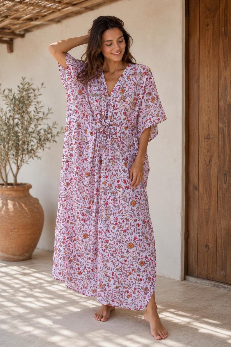 Boho Floral Kaftan Dress, Hand Block Printed Cotton Maxi Kaftan,Pink white Resort Wear, Gift for Her, Relaxed Fit Maxi Dress,Summer Cover Up image 1