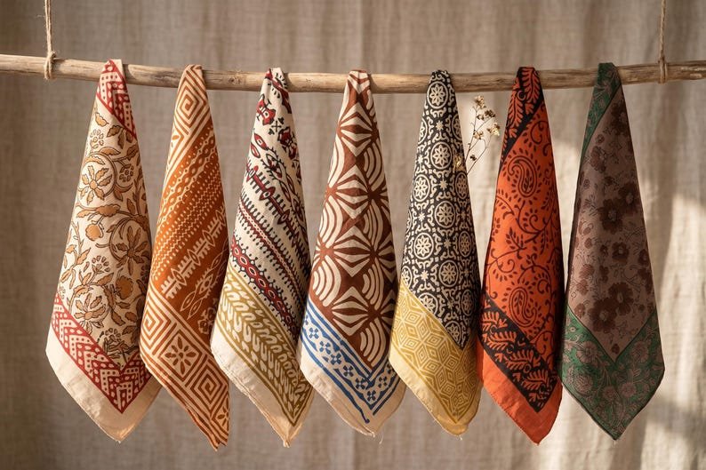 Set of 7 Hand Block Print Bandanas, Cotton Bandana Bundle, Boho Head Scarf Set, Floral & Geometric Print Bandanas,Unisex Neck Scarf Gift Set image 1