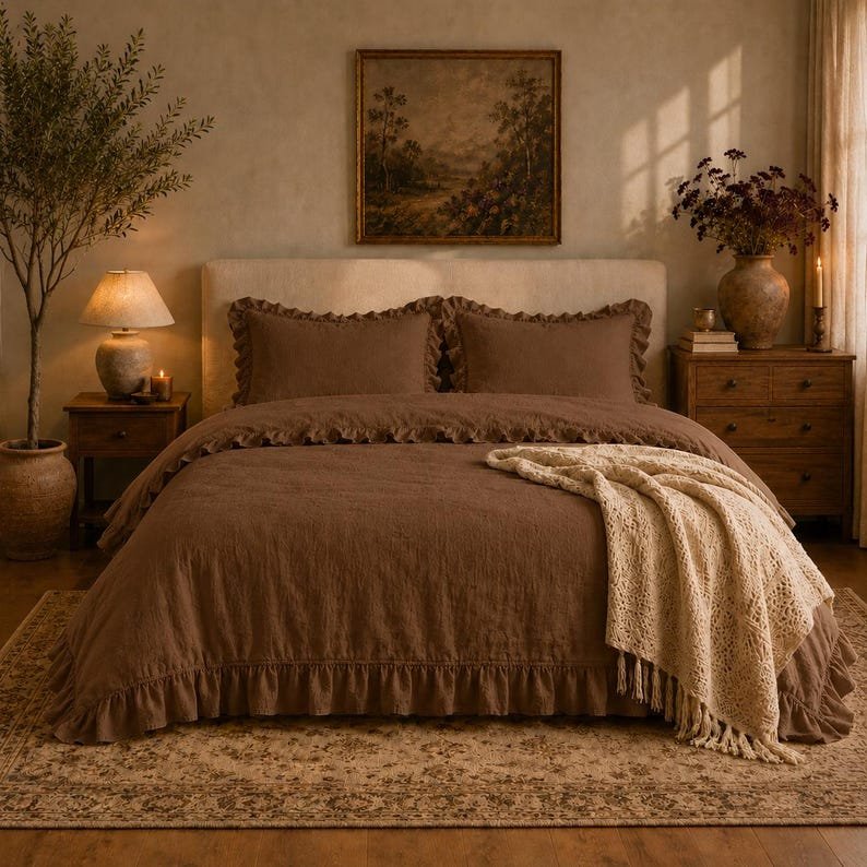 Dark Brown Ruffled Duvet Cover | Cottagecore Bedding Set | Romantic Bedroom Decor | Bedding with King size | Vintage Style Bedding ~ image 1