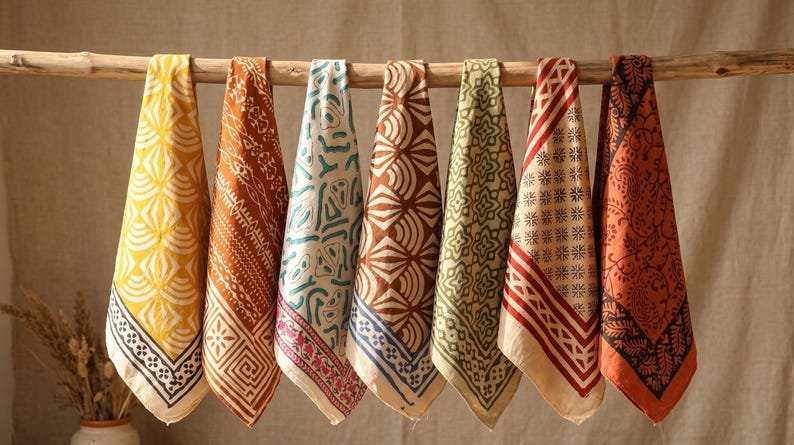 Boho Cotton Bandana Set of 7 | Handmade Block Print Head Scarves | Soft Cotton Neckerchief | Festival & Everyday Wear | 7 Assorted Bandanas image 1