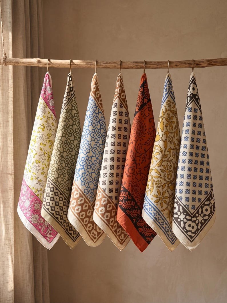 Hand Block Print Cotton Bandana Set of 7 | Floral & Paisley Bandanas | Soft Cotton Head Scarf | Boho Neckerchief | Unisex Bandana Gift image 1